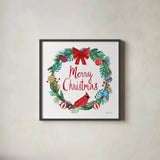 Holiday Wreath IV by Farida Zaman. Shown in a sleek black glass frame for a contemporary gallery look. Available as an archival giclee rolled canvas, fine art paper, or poster print. SKU 39793a.