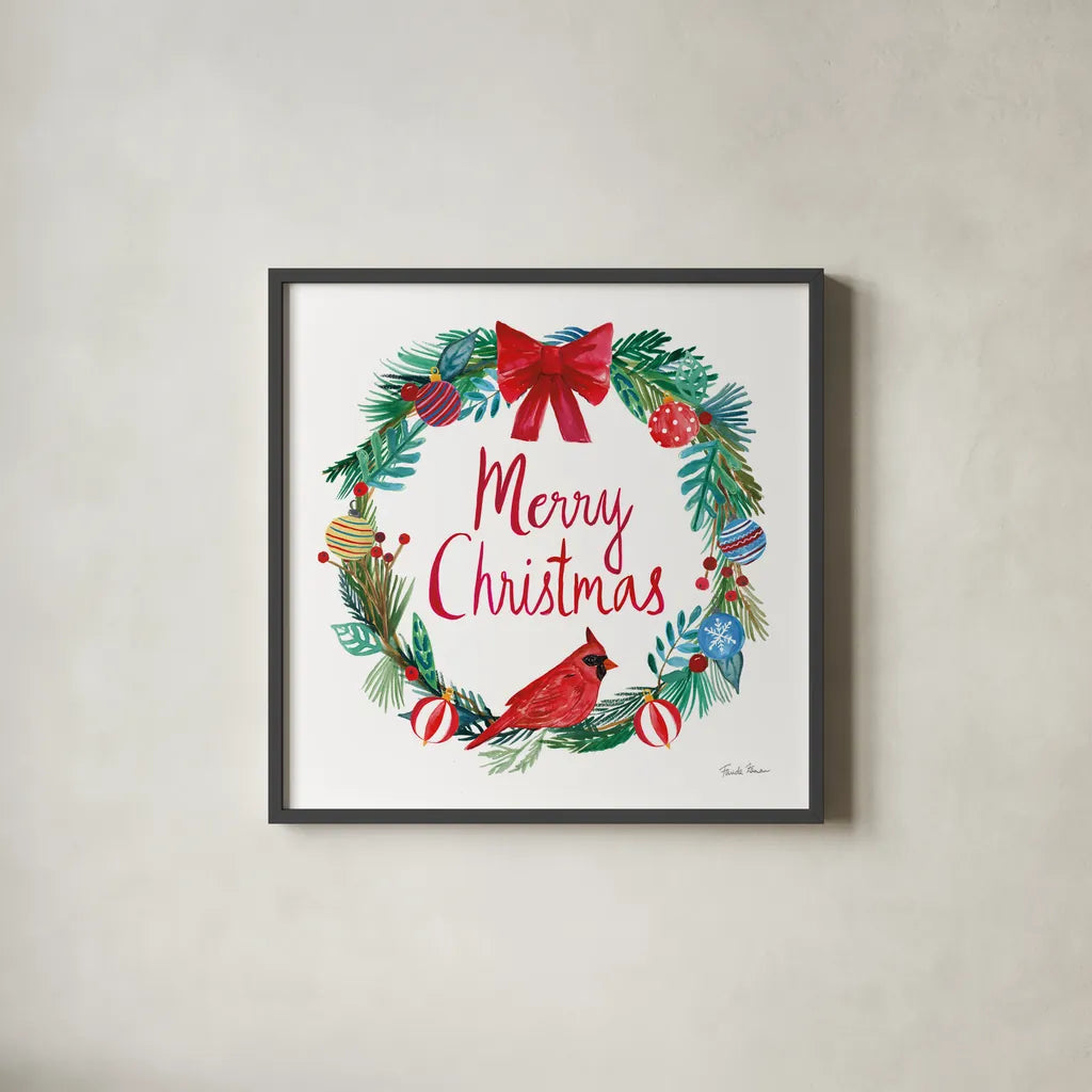 Holiday Wreath IV by Farida Zaman. Shown in a sleek black glass frame for a contemporary gallery look. Available as an archival giclee rolled canvas, fine art paper, or poster print. SKU 39793a.