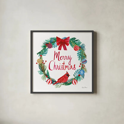 Holiday Wreath IV by Farida Zaman. Shown in a sleek black glass frame for a contemporary gallery look. Available as an archival giclee rolled canvas, fine art paper, or poster print. SKU 39793a.