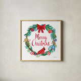 Holiday Wreath IV by Farida Zaman. Shown in a natural wood glass frame for a timeless modern aesthetic. Available as an archival giclee rolled canvas, fine art paper, or poster print. SKU 39793a.