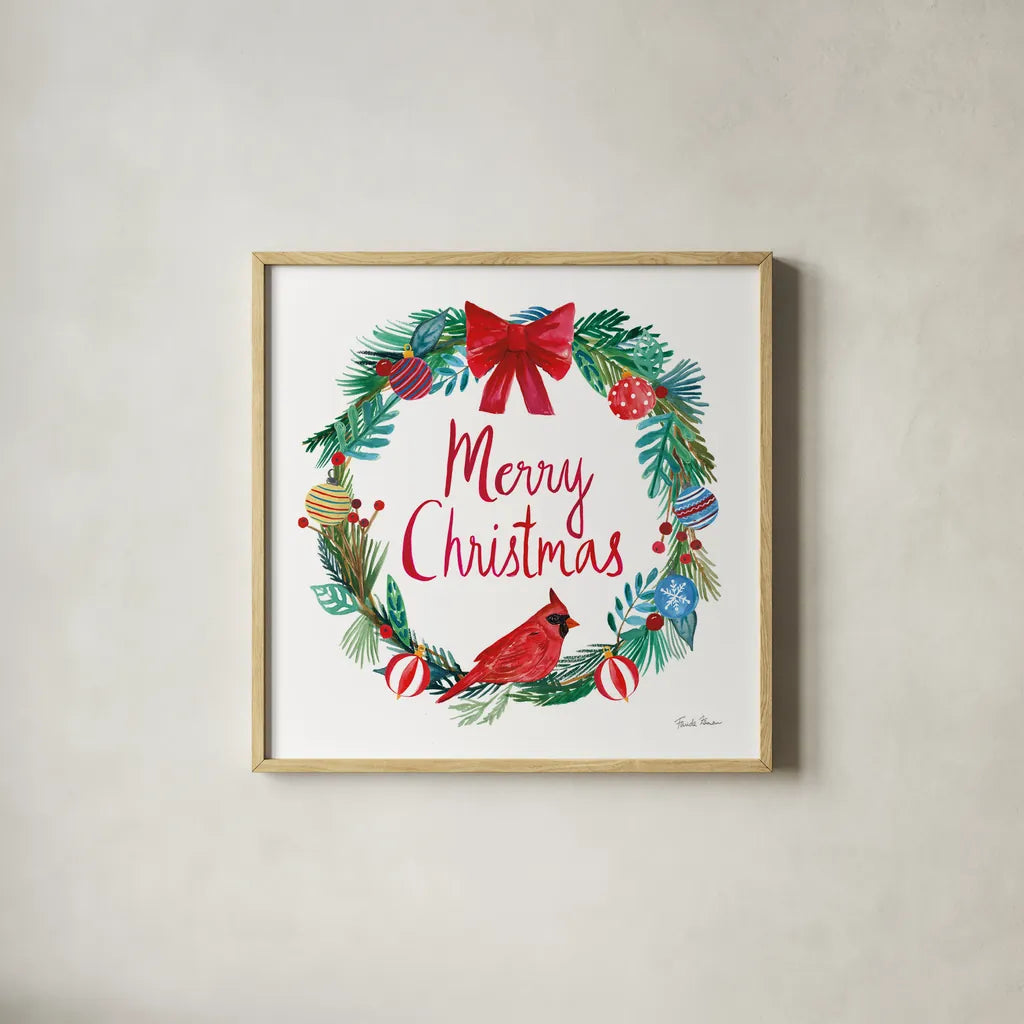 Holiday Wreath IV by Farida Zaman. Shown in a natural wood glass frame for a timeless modern aesthetic. Available as an archival giclee rolled canvas, fine art paper, or poster print. SKU 39793a.