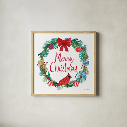 Holiday Wreath IV by Farida Zaman. Shown in a natural wood glass frame for a timeless modern aesthetic. Available as an archival giclee rolled canvas, fine art paper, or poster print. SKU 39793a.