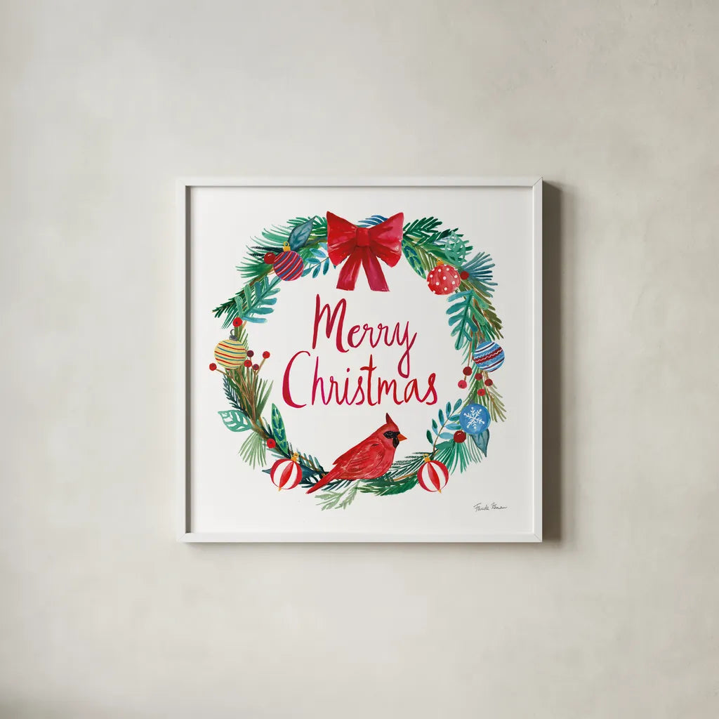 Holiday Wreath IV by Farida Zaman. Shown in a crisp white glass frame for a clean and minimalist style. Available as an archival giclee rolled canvas, fine art paper, or poster print. SKU 39793a.