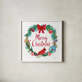 Holiday Wreath IV by Farida Zaman. Shown in a crisp white glass frame for a clean and minimalist style. Available as an archival giclee rolled canvas, fine art paper, or poster print. SKU 39793a.