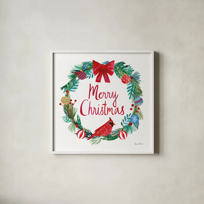 Holiday Wreath IV by Farida Zaman. Shown in a crisp white glass frame for a clean and minimalist style. Available as an archival giclee rolled canvas, fine art paper, or poster print. SKU 39793a.