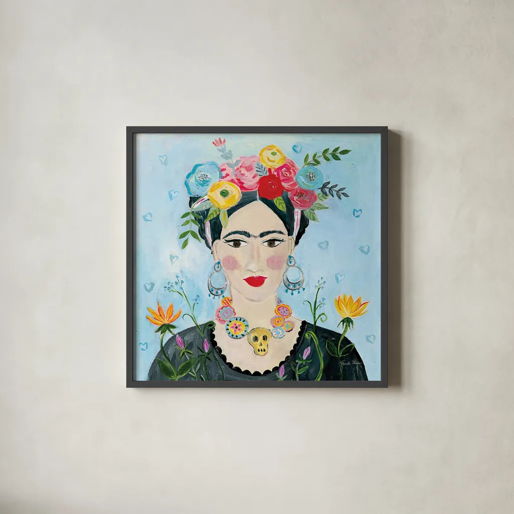 Homage to Frida II Shoulders by Farida Zaman. Shown in a sleek black glass frame for a contemporary gallery look. Available as an archival giclee rolled canvas, fine art paper, or poster print. SKU 51754a.