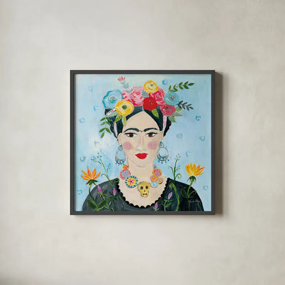Homage to Frida II Shoulders by Farida Zaman. Shown in a sleek black glass frame for a contemporary gallery look. Available as an archival giclee rolled canvas, fine art paper, or poster print. SKU 51754a.