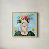 Homage to Frida II Shoulders by Farida Zaman. Shown in a natural wood glass frame for a timeless modern aesthetic. Available as an archival giclee rolled canvas, fine art paper, or poster print. SKU 51754a.