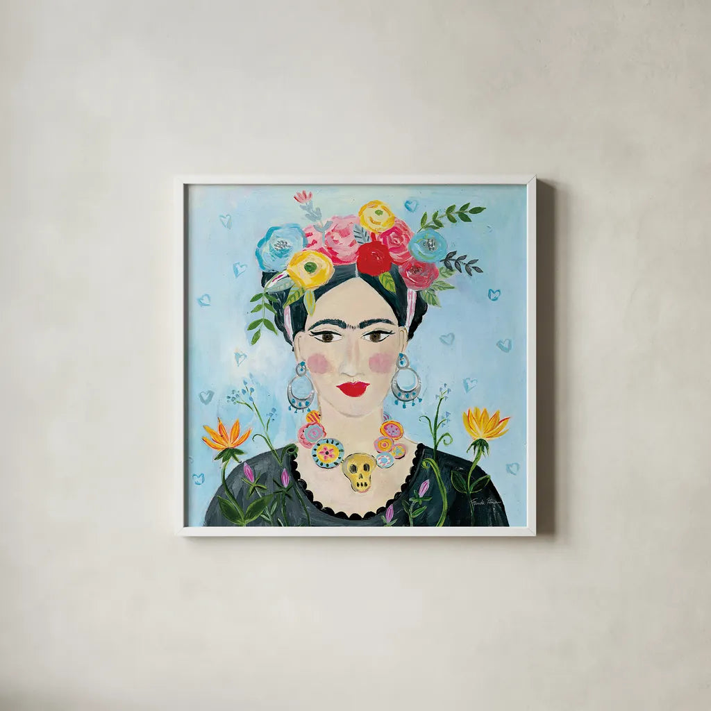 Homage to Frida II Shoulders by Farida Zaman. Shown in a crisp white glass frame for a clean and minimalist style. Available as an archival giclee rolled canvas, fine art paper, or poster print. SKU 51754a.