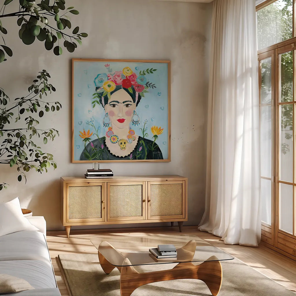 Homage to Frida II Shoulders by Farida Zaman. Shown in a natural wood frame in a cozy modern living room. Available as an archival giclee rolled canvas, fine art paper, or poster print. SKU 51754a.