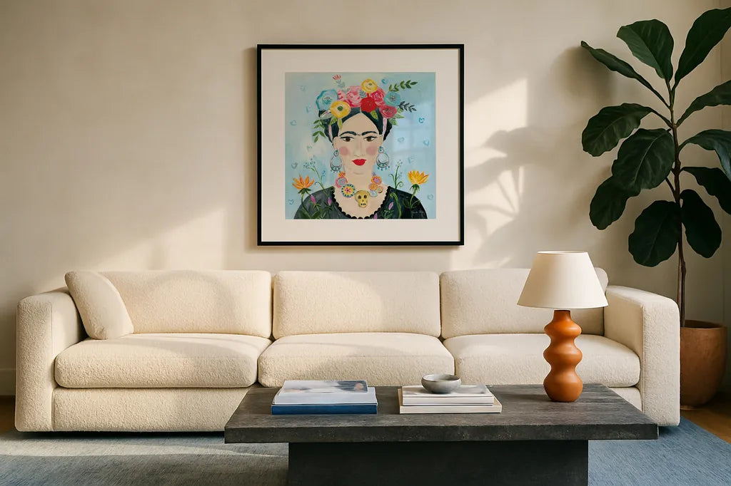 Homage to Frida II Shoulders by Farida Zaman. Displayed in a glass frame with matte in a clean modern living room. Available as an archival giclee rolled canvas, fine art paper, or poster print. SKU 51754a.