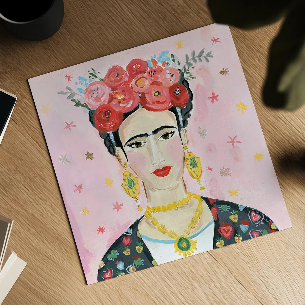 Homage to Frida Shoulders by Farida Zaman. Shown as a detailed flat fine art print, highlighting archival giclee quality. Available as an archival giclee rolled canvas, fine art paper, or poster print. SKU 51753a.