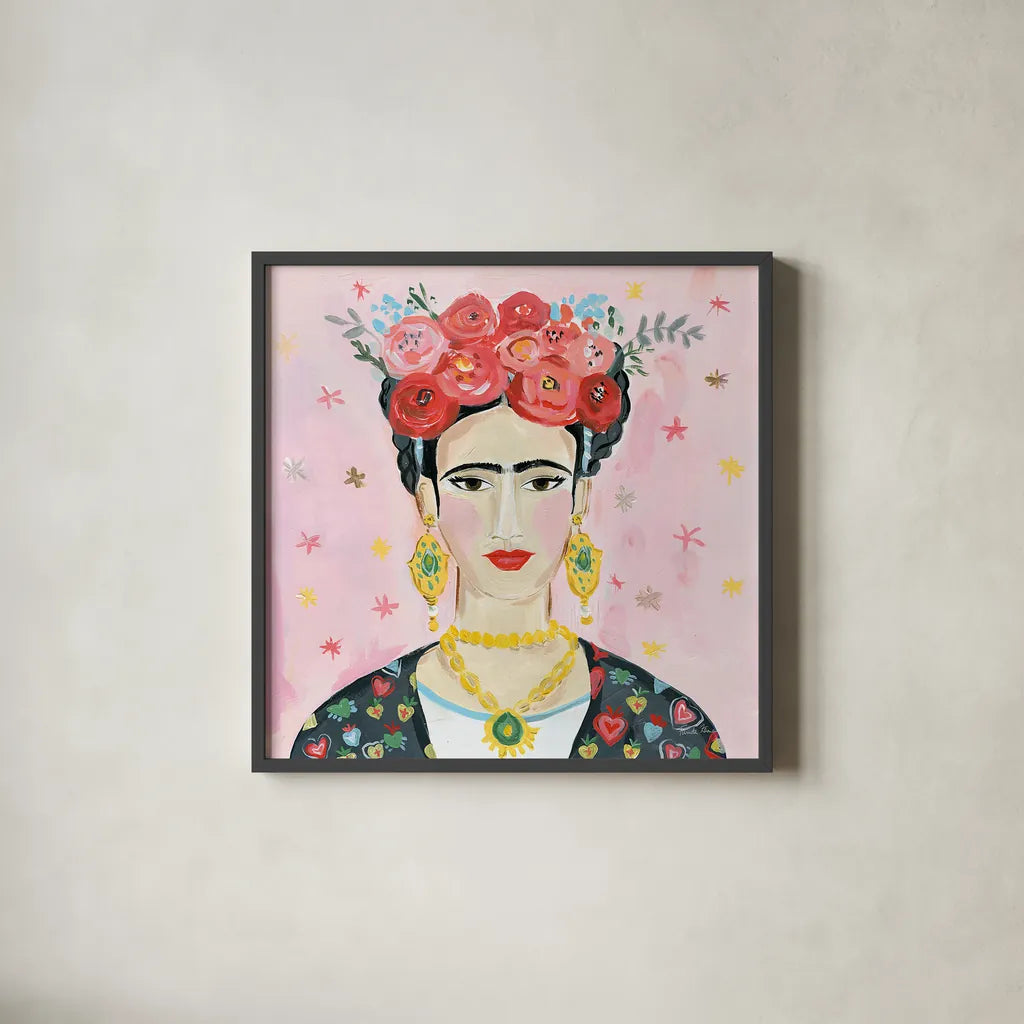 Homage to Frida Shoulders by Farida Zaman. Shown in a sleek black glass frame for a contemporary gallery look. Available as an archival giclee rolled canvas, fine art paper, or poster print. SKU 51753a.