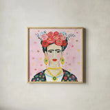 Homage to Frida Shoulders by Farida Zaman. Shown in a natural wood glass frame for a timeless modern aesthetic. Available as an archival giclee rolled canvas, fine art paper, or poster print. SKU 51753a.