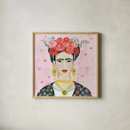 Homage to Frida Shoulders by Farida Zaman. Shown in a natural wood glass frame for a timeless modern aesthetic. Available as an archival giclee rolled canvas, fine art paper, or poster print. SKU 51753a.