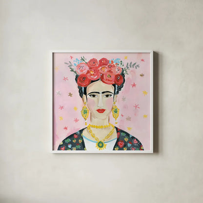 Homage to Frida Shoulders by Farida Zaman. Shown in a crisp white glass frame for a clean and minimalist style. Available as an archival giclee rolled canvas, fine art paper, or poster print. SKU 51753a.