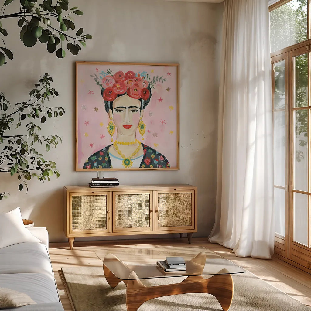 Homage to Frida Shoulders by Farida Zaman. Shown in a natural wood frame in a cozy modern living room. Available as an archival giclee rolled canvas, fine art paper, or poster print. SKU 51753a.