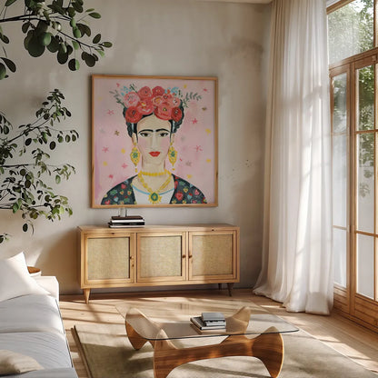Homage to Frida Shoulders by Farida Zaman. Shown in a natural wood frame in a cozy modern living room. Available as an archival giclee rolled canvas, fine art paper, or poster print. SKU 51753a.