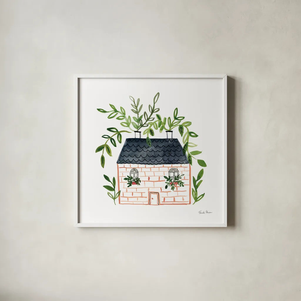 Home Sweet Home II by Farida Zaman. Shown in a crisp white glass frame for a clean and minimalist style. Available as an archival giclee rolled canvas, fine art paper, or poster print. SKU 56841a.