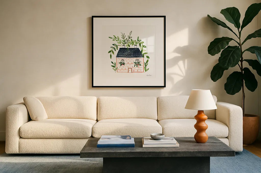 Home Sweet Home II by Farida Zaman. Displayed in a glass frame with matte in a clean modern living room. Available as an archival giclee rolled canvas, fine art paper, or poster print. SKU 56841a.