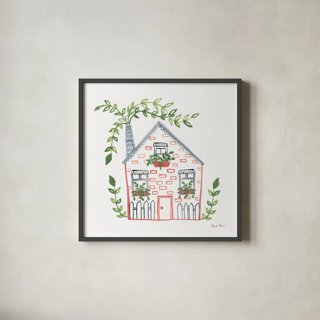 Home Sweet Home III by Farida Zaman. Shown in a sleek black glass frame for a contemporary gallery look. Available as an archival giclee rolled canvas, fine art paper, or poster print. SKU 67384a.