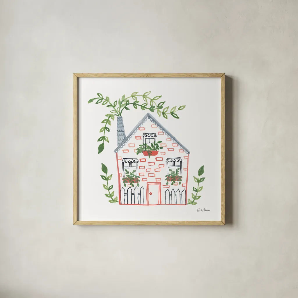 Home Sweet Home III by Farida Zaman. Shown in a natural wood glass frame for a timeless modern aesthetic. Available as an archival giclee rolled canvas, fine art paper, or poster print. SKU 67384a.