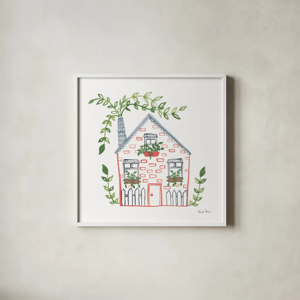 Home Sweet Home III by Farida Zaman. Shown in a crisp white glass frame for a clean and minimalist style. Available as an archival giclee rolled canvas, fine art paper, or poster print. SKU 67384a.