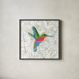 Hummingbird I by Farida Zaman. Shown in a sleek black glass frame for a contemporary gallery look. Available as an archival giclee rolled canvas, fine art paper, or poster print. SKU 89245a.
