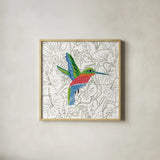 Hummingbird I by Farida Zaman. Shown in a natural wood glass frame for a timeless modern aesthetic. Available as an archival giclee rolled canvas, fine art paper, or poster print. SKU 89245a.