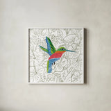 Hummingbird I by Farida Zaman. Shown in a crisp white glass frame for a clean and minimalist style. Available as an archival giclee rolled canvas, fine art paper, or poster print. SKU 89245a.