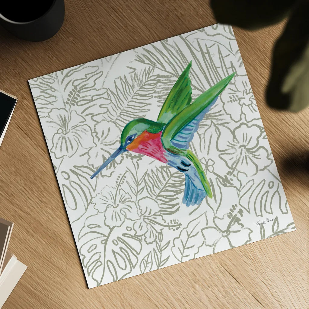 Hummingbird II by Farida Zaman. Shown as a detailed flat fine art print, highlighting archival giclee quality. Available as an archival giclee rolled canvas, fine art paper, or poster print. SKU 89246a.