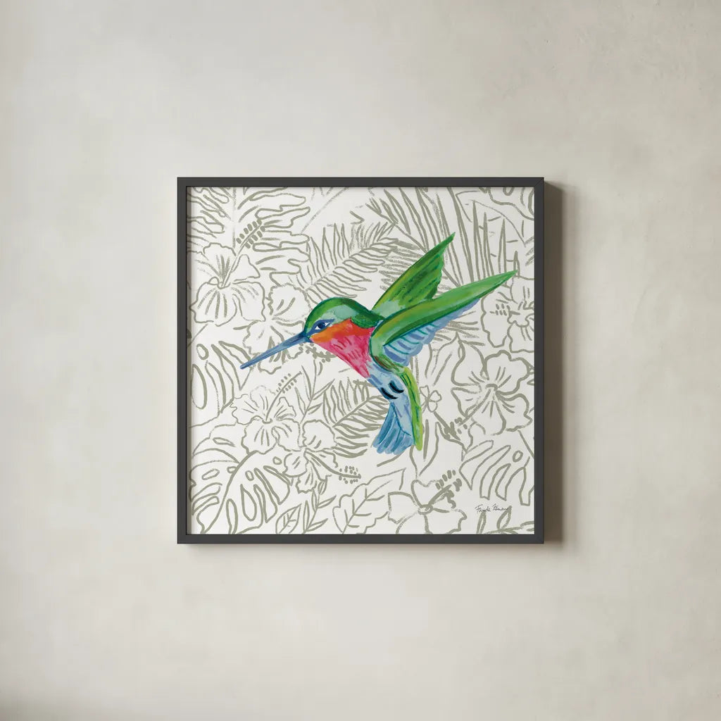 Hummingbird II by Farida Zaman. Shown in a sleek black glass frame for a contemporary gallery look. Available as an archival giclee rolled canvas, fine art paper, or poster print. SKU 89246a.
