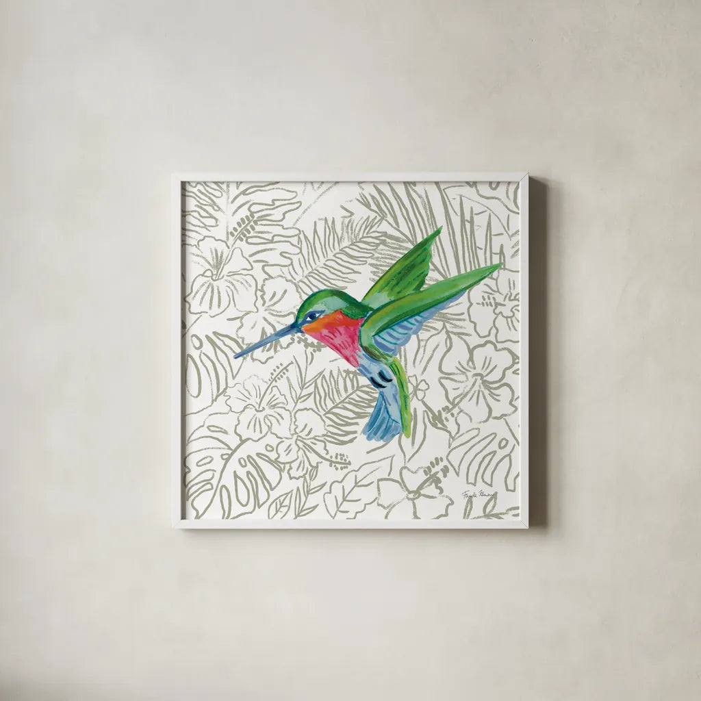 Hummingbird II by Farida Zaman. Shown in a crisp white glass frame for a clean and minimalist style. Available as an archival giclee rolled canvas, fine art paper, or poster print. SKU 89246a.