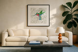 Hummingbird II by Farida Zaman. Displayed in a glass frame with matte in a clean modern living room. Available as an archival giclee rolled canvas, fine art paper, or poster print. SKU 89246a.