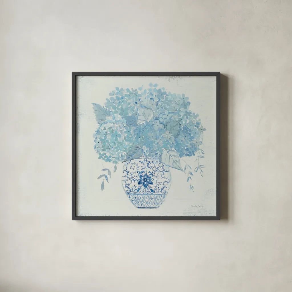 Hydrangea Fun by Farida Zaman. Shown in a sleek black glass frame for a contemporary gallery look. Available as an archival giclee rolled canvas, fine art paper, or poster print. SKU 46816a.