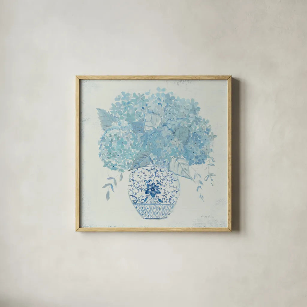 Hydrangea Fun by Farida Zaman. Shown in a natural wood glass frame for a timeless modern aesthetic. Available as an archival giclee rolled canvas, fine art paper, or poster print. SKU 46816a.