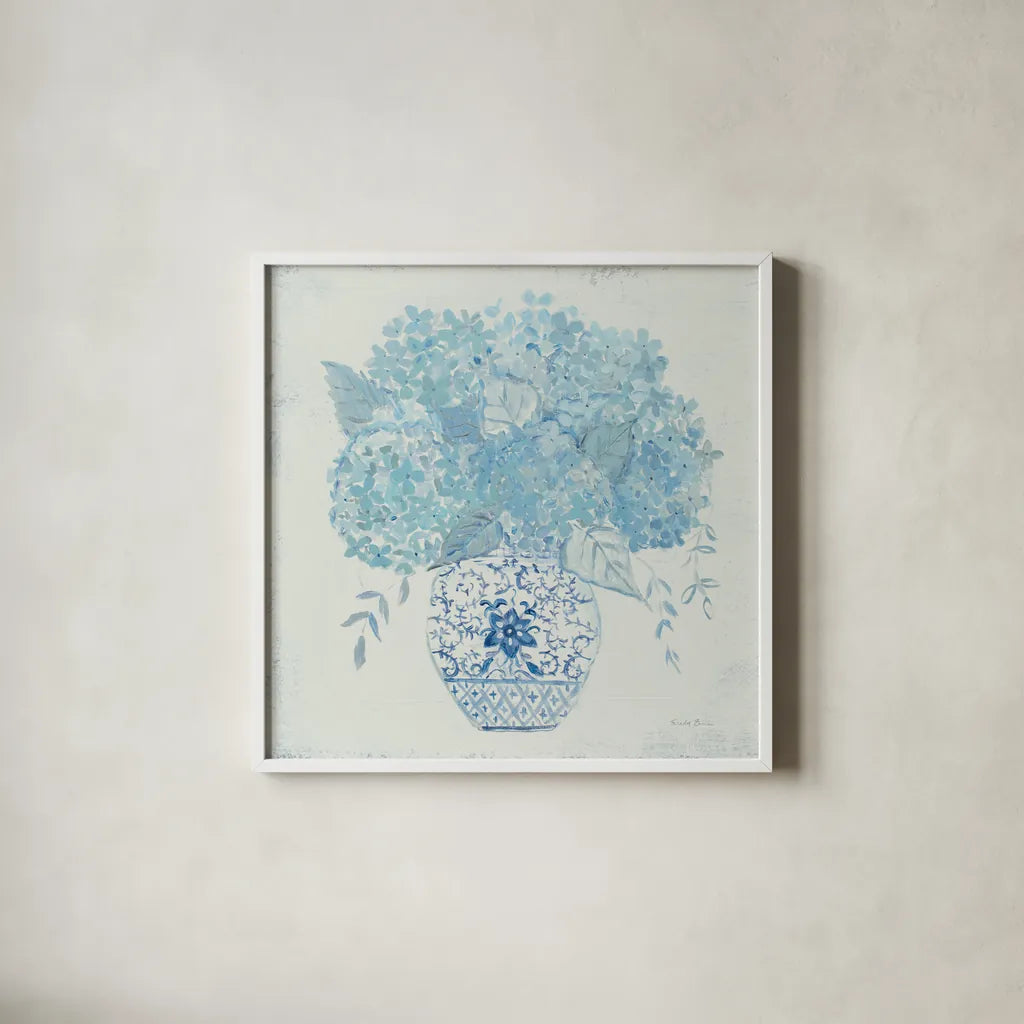 Hydrangea Fun by Farida Zaman. Shown in a crisp white glass frame for a clean and minimalist style. Available as an archival giclee rolled canvas, fine art paper, or poster print. SKU 46816a.