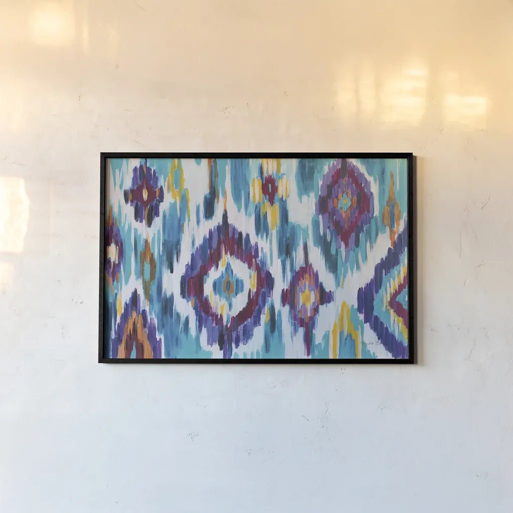 Ikat Jewel I by Farida Zaman. shown as a paper print in a black flame. Available as a archival giclee rolled canvas, fine art paper, or poster print. SKU 45443i.