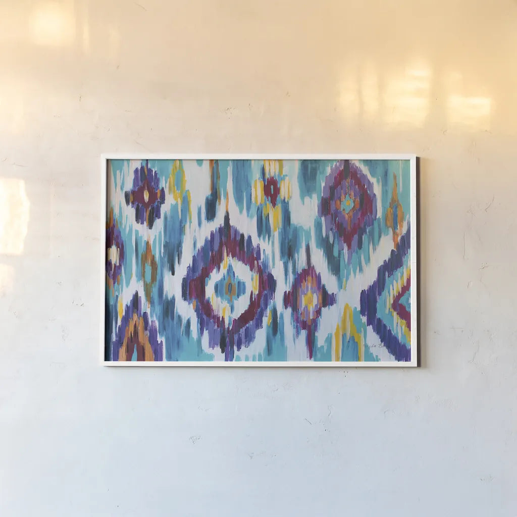 Ikat Jewel I by Farida Zaman. shown as a paper print in a white frame. Available as a archival giclee rolled canvas, fine art paper, or poster print. SKU 45443i.