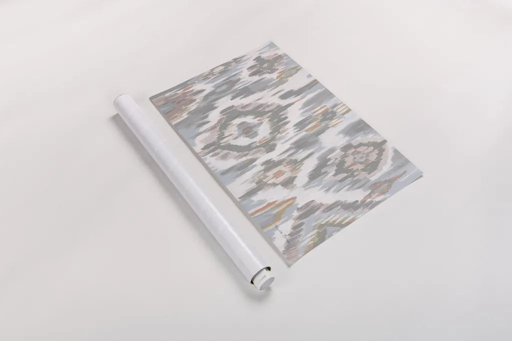 Ikat Jewel I blush grey by Farida Zaman. shown as a rolled paper print. Available as archival giclee rolled canvas, fine art paper, or poster print. SKU 45667i.