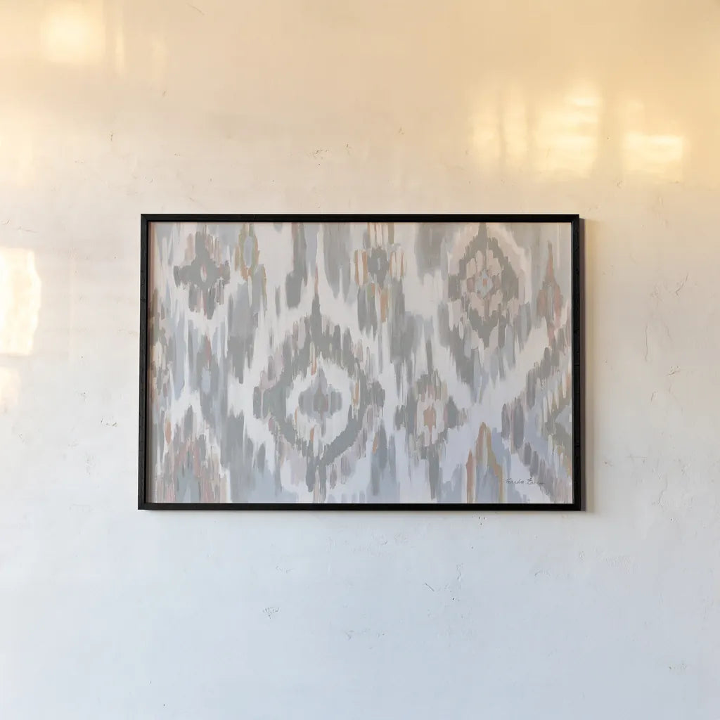 Ikat Jewel I blush grey by Farida Zaman. shown as a paper print in a black flame. Available as a archival giclee rolled canvas, fine art paper, or poster print. SKU 45667i.