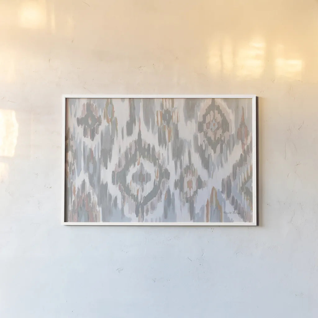 Ikat Jewel I blush grey by Farida Zaman. shown as a paper print in a white frame. Available as a archival giclee rolled canvas, fine art paper, or poster print. SKU 45667i.