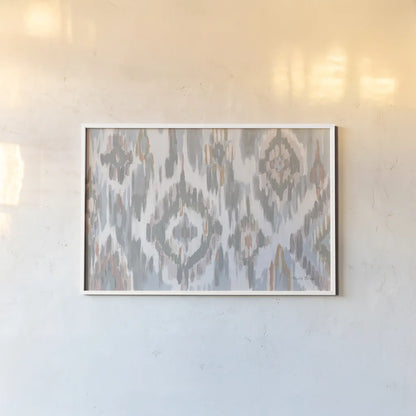 Ikat Jewel I blush grey by Farida Zaman. shown as a paper print in a white frame. Available as a archival giclee rolled canvas, fine art paper, or poster print. SKU 45667i.