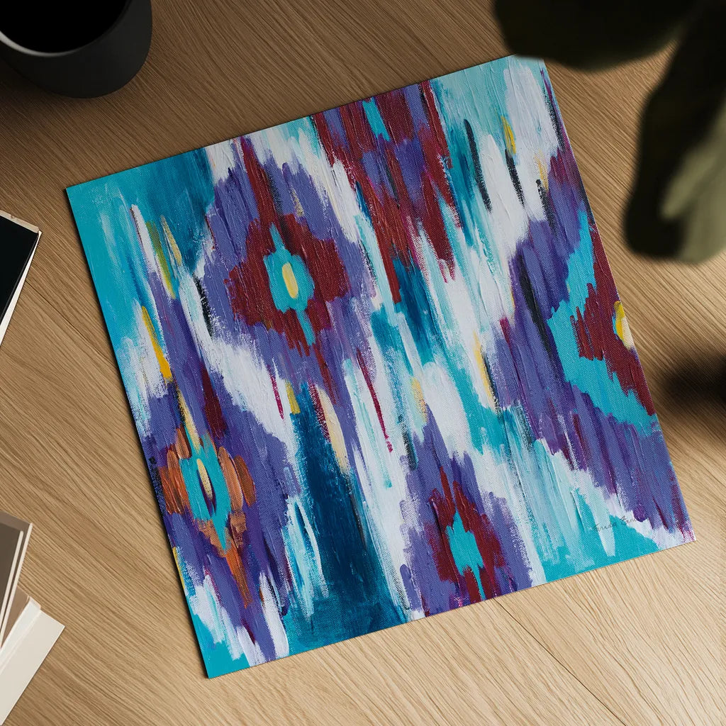 Ikat Jewel II by Farida Zaman. Shown as a detailed flat fine art print, highlighting archival giclee quality. Available as an archival giclee rolled canvas, fine art paper, or poster print. SKU 45444a.