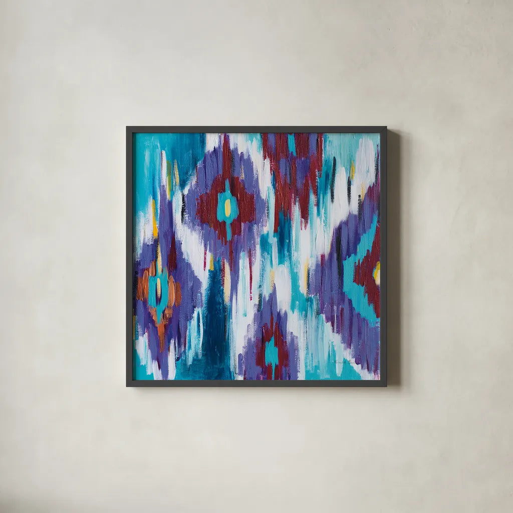Ikat Jewel II by Farida Zaman. Shown in a sleek black glass frame for a contemporary gallery look. Available as an archival giclee rolled canvas, fine art paper, or poster print. SKU 45444a.