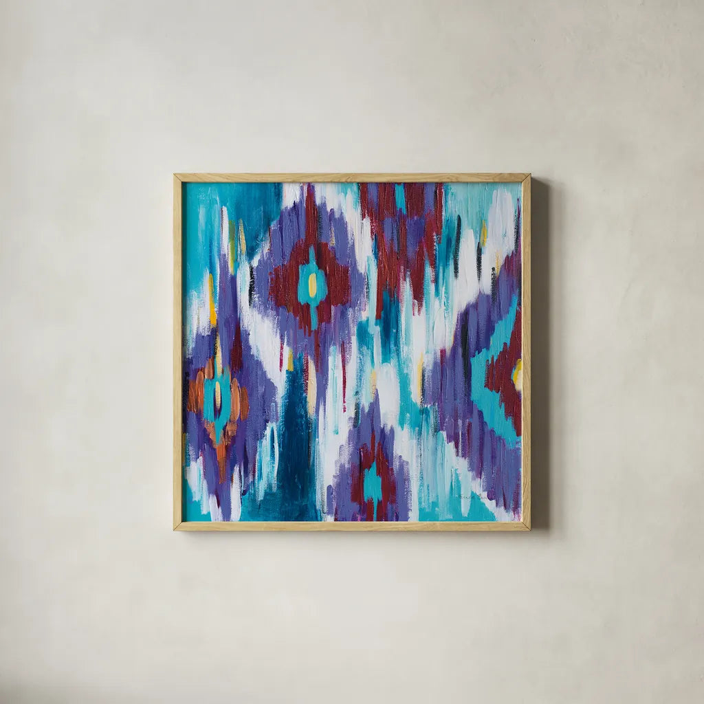 Ikat Jewel II by Farida Zaman. Shown in a natural wood glass frame for a timeless modern aesthetic. Available as an archival giclee rolled canvas, fine art paper, or poster print. SKU 45444a.