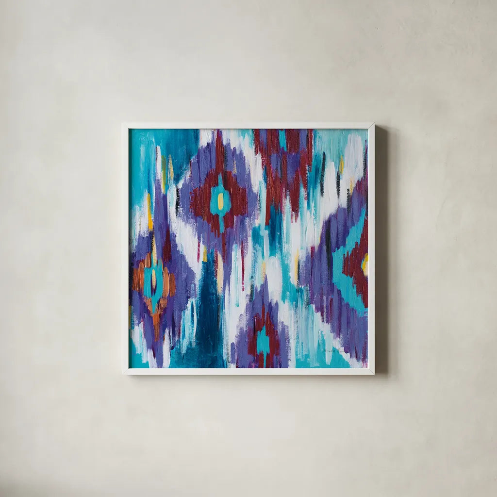 Ikat Jewel II by Farida Zaman. Shown in a crisp white glass frame for a clean and minimalist style. Available as an archival giclee rolled canvas, fine art paper, or poster print. SKU 45444a.