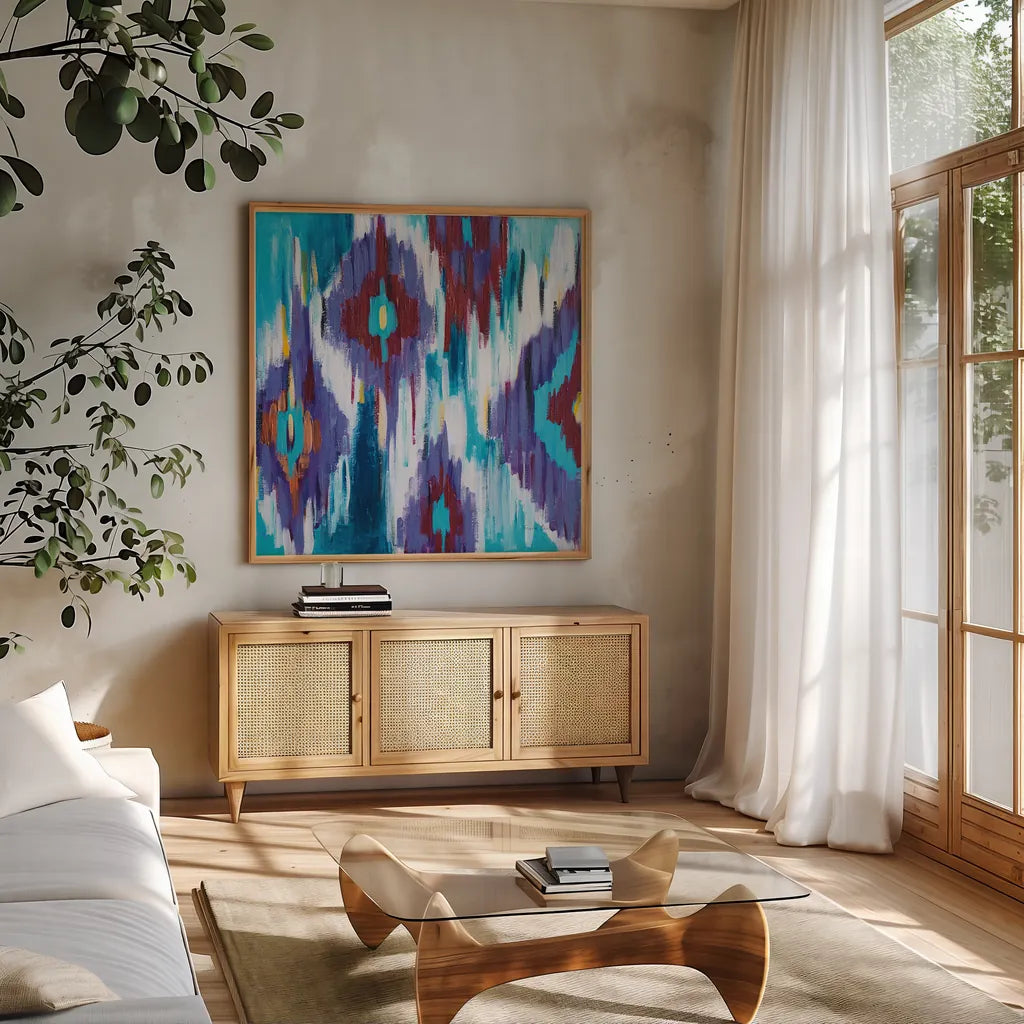Ikat Jewel II by Farida Zaman. Shown in a natural wood frame in a cozy modern living room. Available as an archival giclee rolled canvas, fine art paper, or poster print. SKU 45444a.