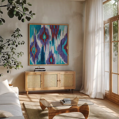 Ikat Jewel II by Farida Zaman. Shown in a natural wood frame in a cozy modern living room. Available as an archival giclee rolled canvas, fine art paper, or poster print. SKU 45444a.