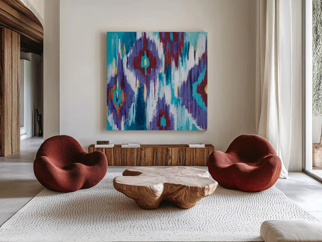 Ikat Jewel II by Farida Zaman. Shown as extra-large giant wall art in a modern living room. Available as an archival giclee rolled canvas, fine art paper, or poster print. SKU 45444a.